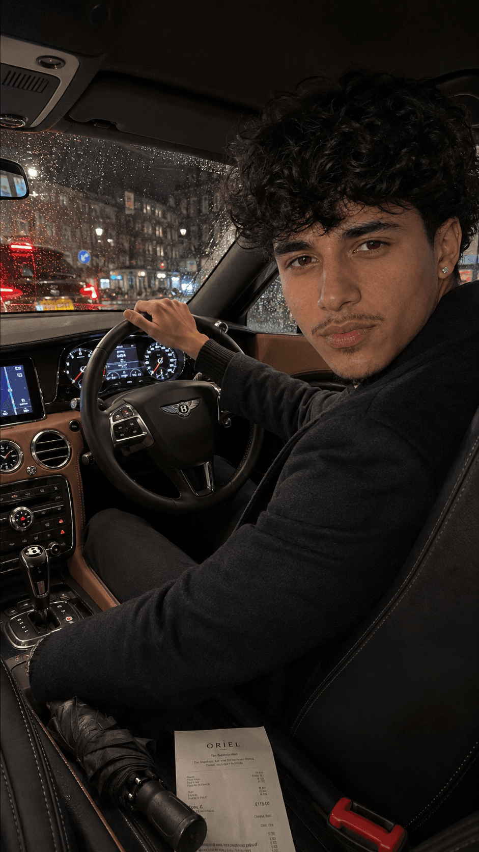 AI-generated driving moment inside a Bentley on a rainy London day
