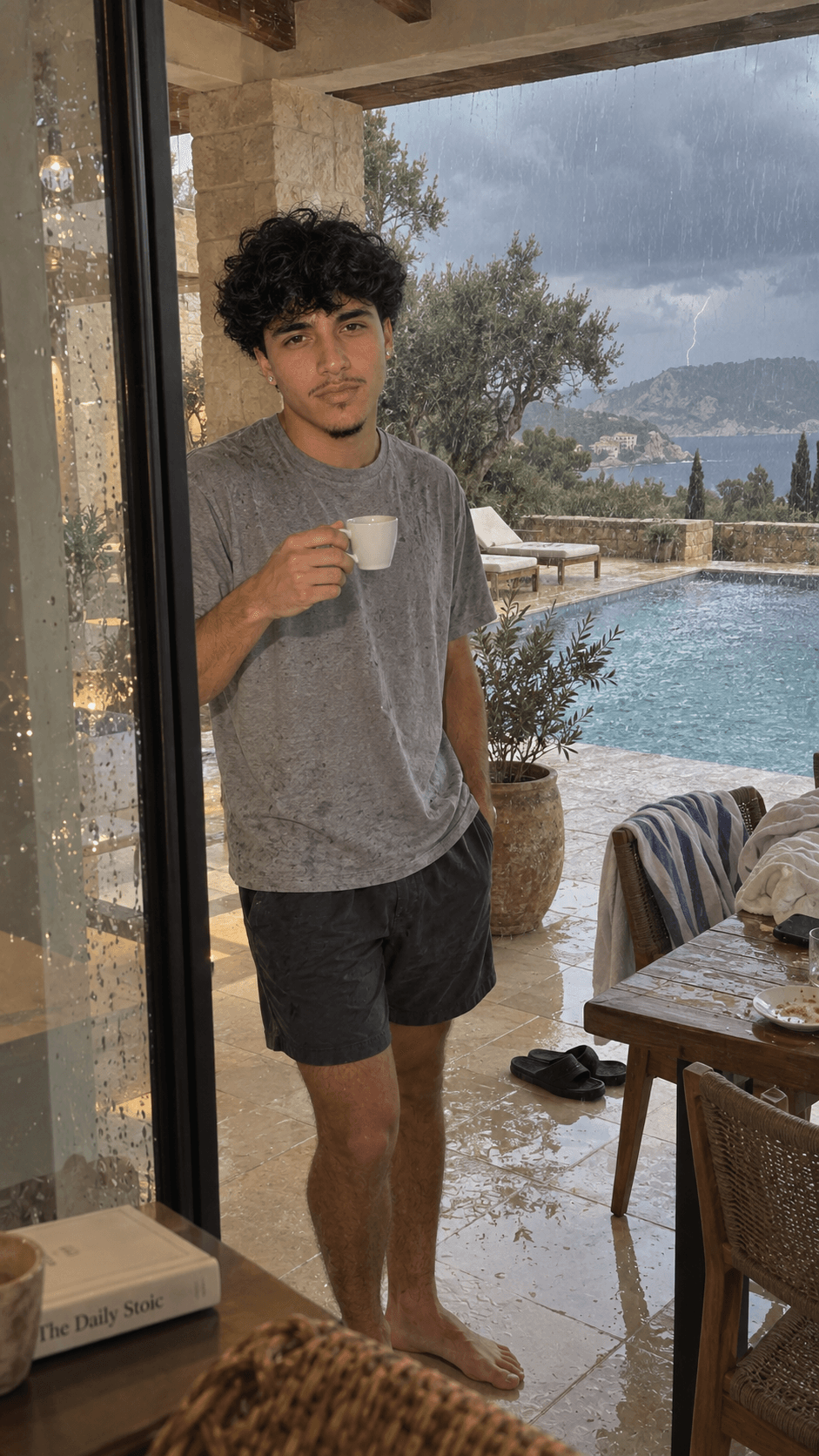 AI-generated man holding espresso on a covered Mallorca terrace as rain falls over the pool