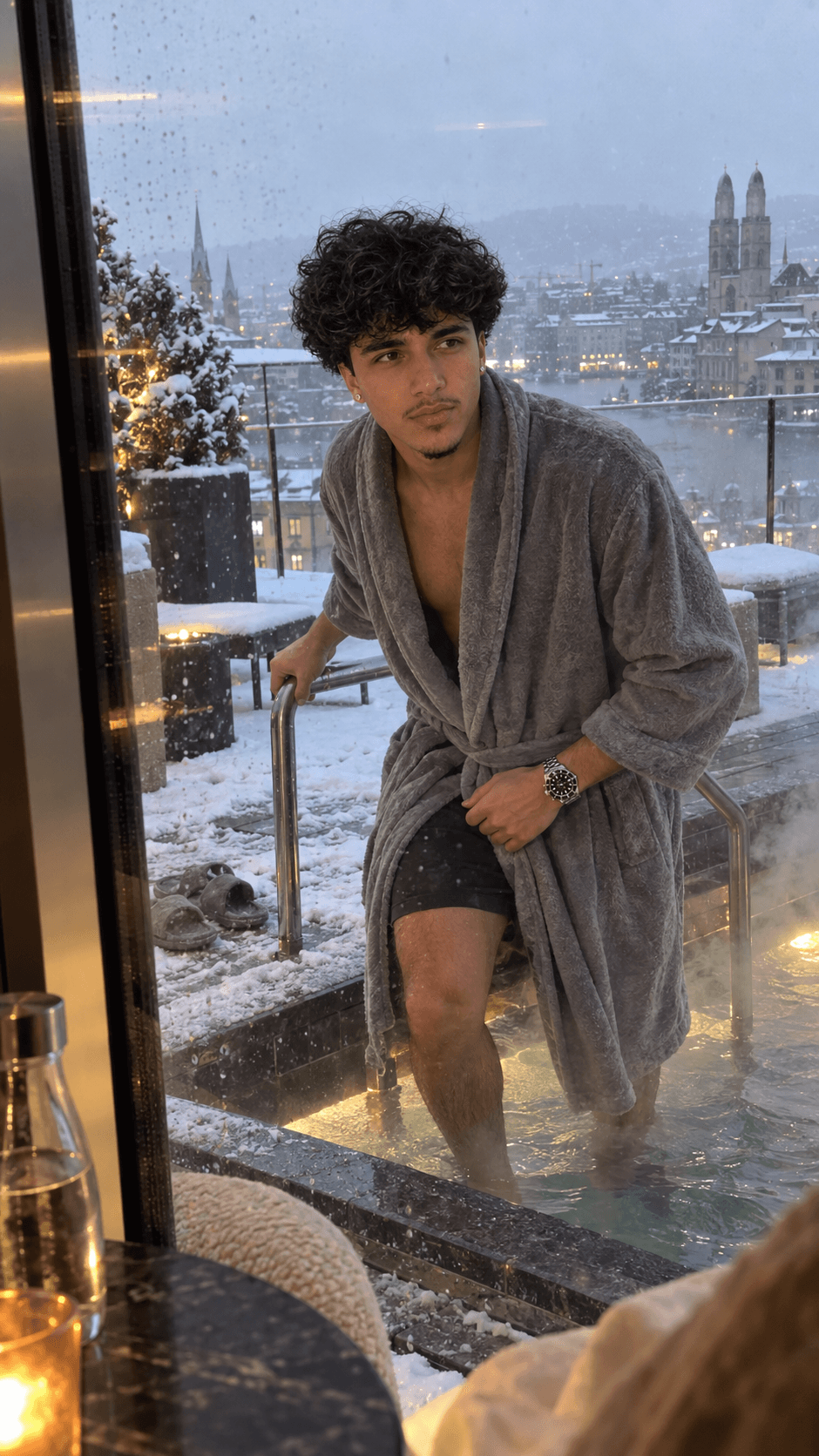 AI-generated man in a grey robe stepping into a steaming rooftop plunge pool during snowfall in Zurich