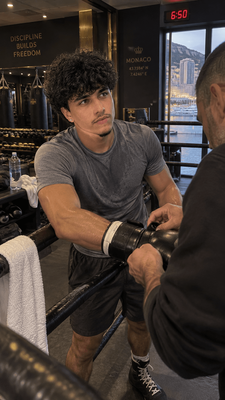 AI-generated boxing recovery moment in a brass-accented Monaco gym