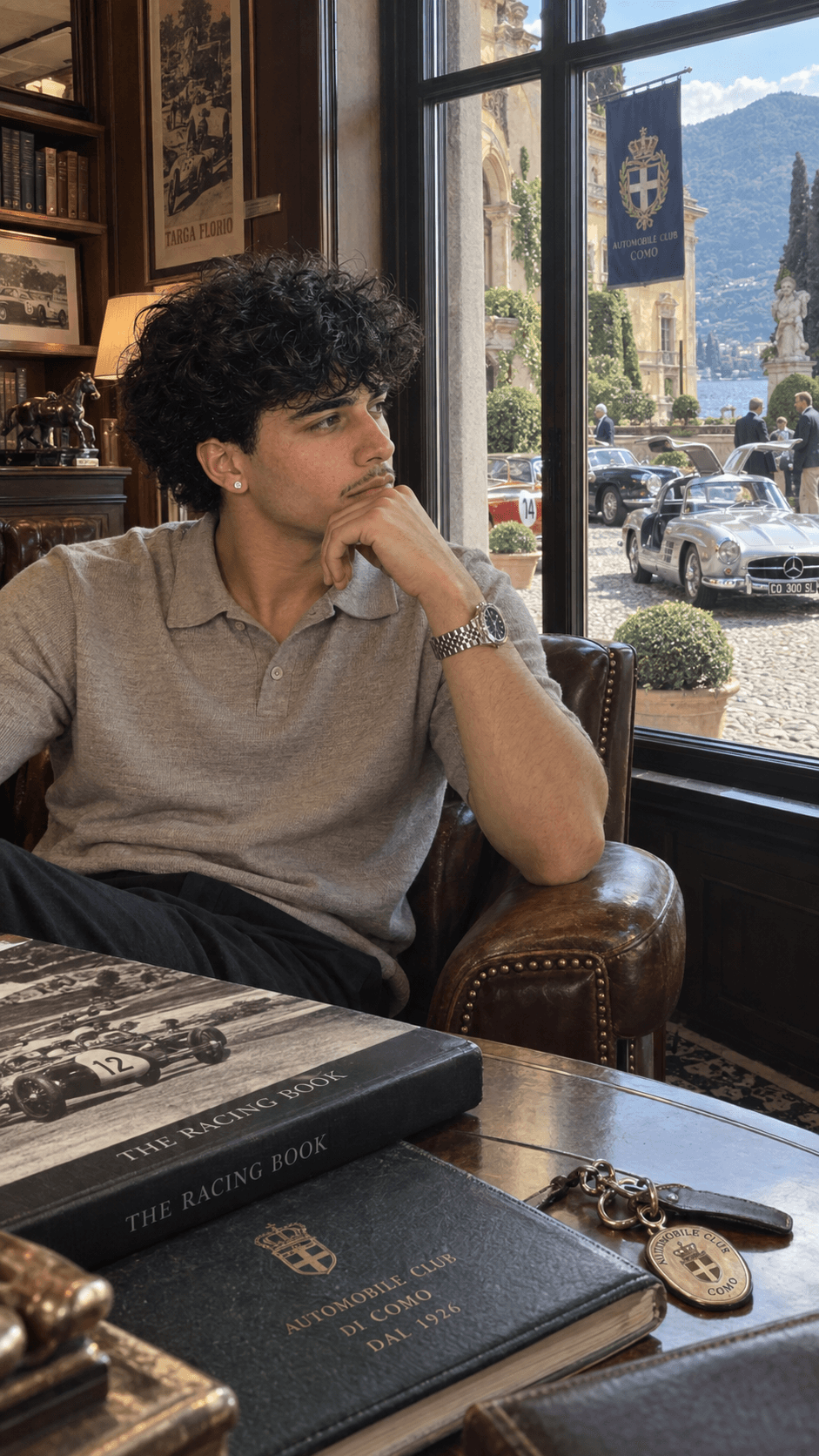 AI-generated private automobile club library scene beside Lake Como