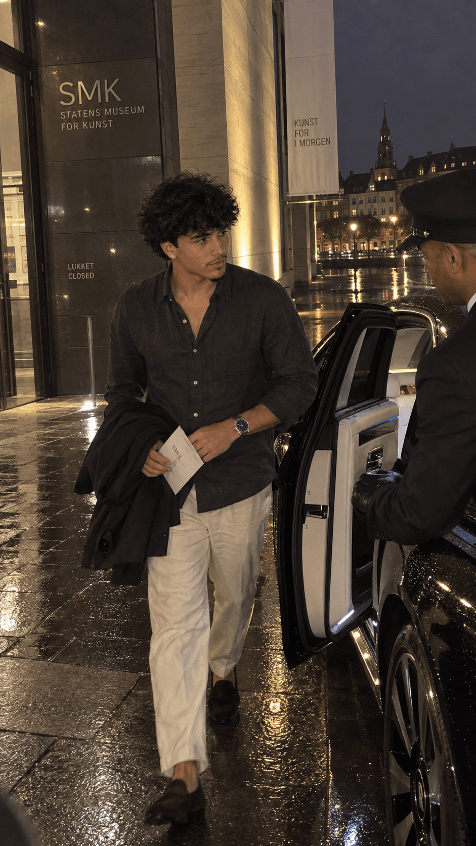 AI-generated rainy museum departure beside a chauffeured luxury car