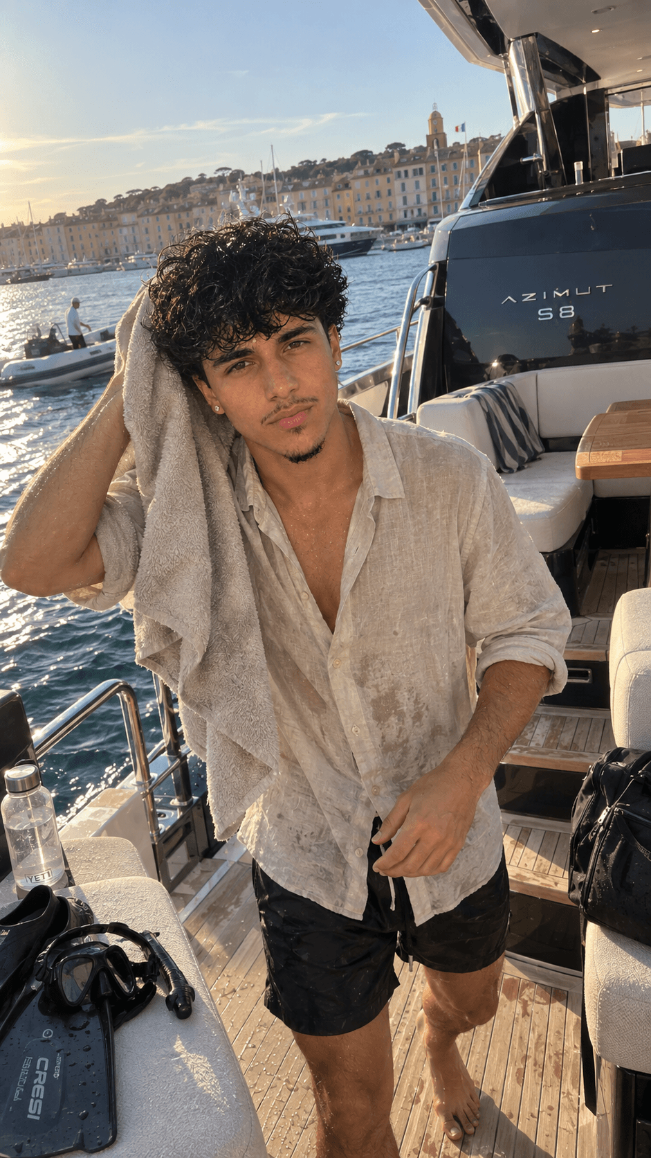 AI-generated saltwater scene at the stern of a yacht in Saint-Tropez