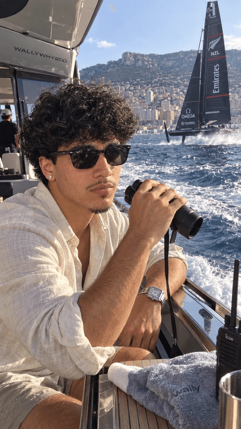 AI-generated man with binoculars watching a foiling racing yacht from a superyacht off Monaco